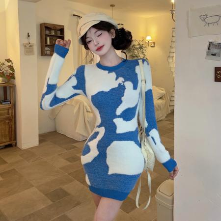 FA56293# 法式巨好看蓝色扎染针织连衣裙女秋冬小个子收腰内搭包臀短裙 服裝批發女裝批發服飾貨源