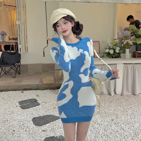 FA56293# 法式巨好看蓝色扎染针织连衣裙女秋冬小个子收腰内搭包臀短裙 服裝批發女裝批發服飾貨源