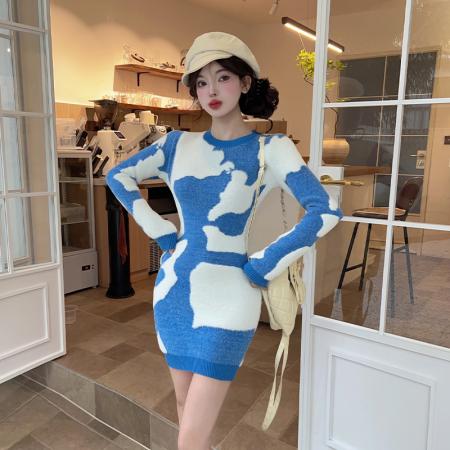 FA56293# 法式巨好看蓝色扎染针织连衣裙女秋冬小个子收腰内搭包臀短裙 服裝批發女裝批發服飾貨源