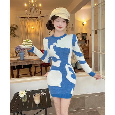 FA56293# 法式巨好看蓝色扎染针织连衣裙女秋冬小个子收腰内搭包臀短裙 服裝批發女裝批發服飾貨源
