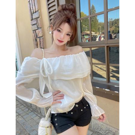 FA56294# 甜美气质一字肩荷叶领光泽感衬衫法式绑带蝴蝶结绝美露肩上衣 服裝批發女裝批發服飾貨源
