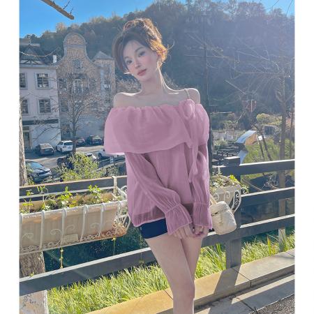 FA56294# 甜美气质一字肩荷叶领光泽感衬衫法式绑带蝴蝶结绝美露肩上衣 服裝批發女裝批發服飾貨源