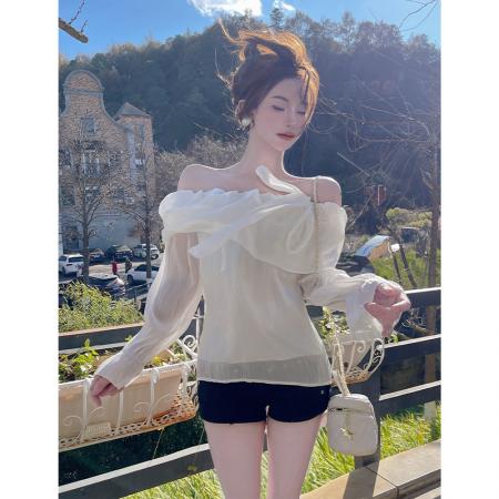 FA56294# 甜美气质一字肩荷叶领光泽感衬衫法式绑带蝴蝶结绝美露肩上衣 服裝批發女裝批發服飾貨源