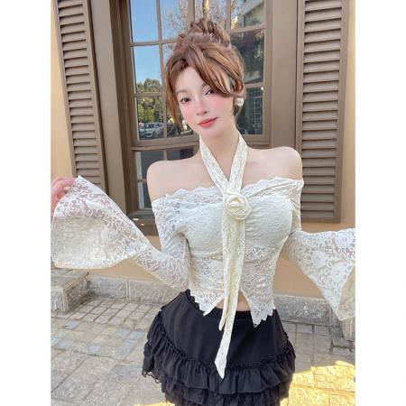FA56295# 小香风花朵蕾丝衬衫女春夏纯欲辣妹一字肩挂脖小上衣宫廷抹胸 服裝批發女裝批發服飾貨源