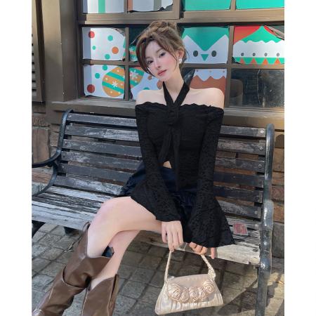 FA56295# 小香风花朵蕾丝衬衫女春夏纯欲辣妹一字肩挂脖小上衣宫廷抹胸 服裝批發女裝批發服飾貨源