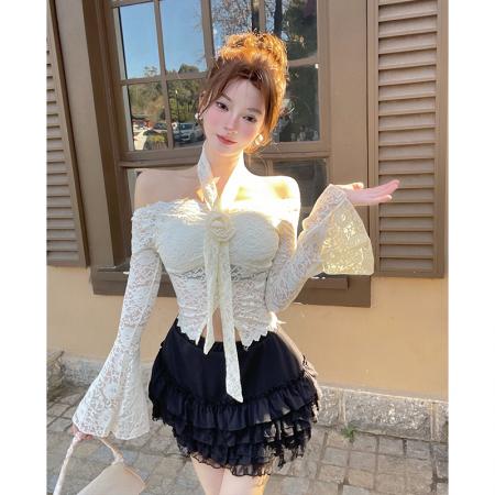 FA56295# 小香风花朵蕾丝衬衫女春夏纯欲辣妹一字肩挂脖小上衣宫廷抹胸 服裝批發女裝批發服飾貨源