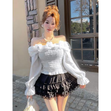 FA56296# 一字肩立体花朵长袖衬衫女春夏荷叶边收腰法式温柔风修身上衣 服裝批發女裝批發服飾貨源