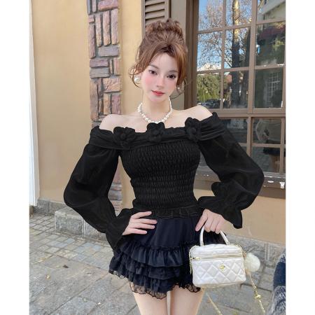 FA56296# 一字肩立体花朵长袖衬衫女春夏荷叶边收腰法式温柔风修身上衣 服裝批發女裝批發服飾貨源