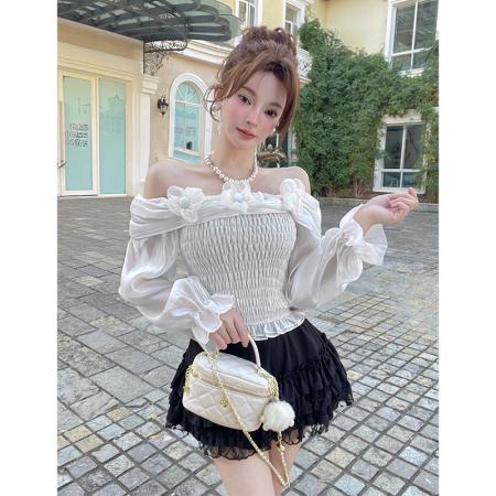 FA56296# 一字肩立体花朵长袖衬衫女春夏荷叶边收腰法式温柔风修身上衣 服裝批發女裝批發服飾貨源