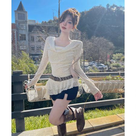 FA56297# 废式风荡领蕾丝长袖T恤女早春不规则荷叶边掐腰法式绝美上衣 服裝批發女裝批發服飾貨源