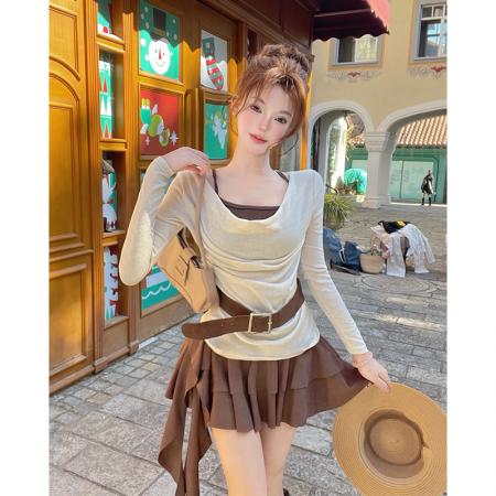 FA56298# 美拉德假两件荡领上衣设计感复古辣妹半身裙两件套女早春新款 服裝批發女裝批發服飾貨源