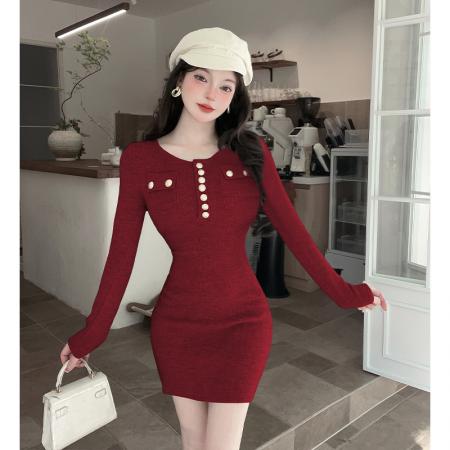 FA56300# 高级感法式针织连衣裙女秋冬新款小个子小香风修身包臀裙 服裝批發女裝批發服飾貨源