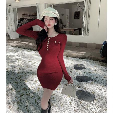 FA56300# 高级感法式针织连衣裙女秋冬新款小个子小香风修身包臀裙 服裝批發女裝批發服飾貨源