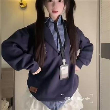 YF6916# (2色入内)假两件格子拼接长袖连帽字母徵章刺绣慵懒风春秋薄上衣