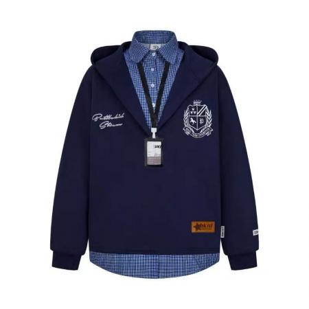 YF6916# (2色入内)假两件格子拼接长袖连帽字母徵章刺绣慵懒风春秋薄上衣