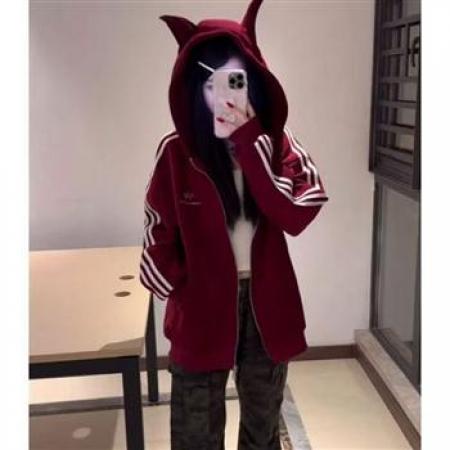 YF6915# 图片色春秋复古风牛角帽子撞色条纹长袖拉链休闲百搭学院风卫衣潮