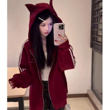 YF6915# 图片色春秋复古风牛角帽子撞色条纹长袖拉链休闲百搭学院风卫衣潮