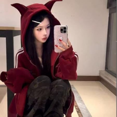 YF6915# 图片色春秋复古风牛角帽子撞色条纹长袖拉链休闲百搭学院风卫衣潮