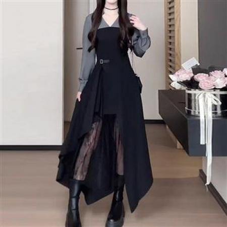 YF6914# 图片色假两件赫本风长袖V领系腰开叉蕾丝拼接飘逸气质春装连衣裙