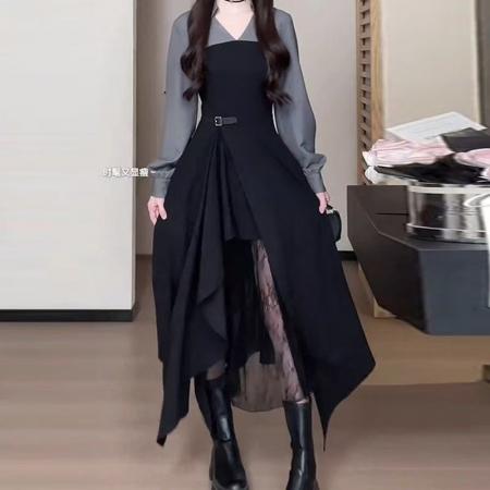 YF6914# 图片色假两件赫本风长袖V领系腰开叉蕾丝拼接飘逸气质春装连衣裙