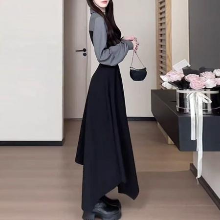 YF6914# 图片色假两件赫本风长袖V领系腰开叉蕾丝拼接飘逸气质春装连衣裙