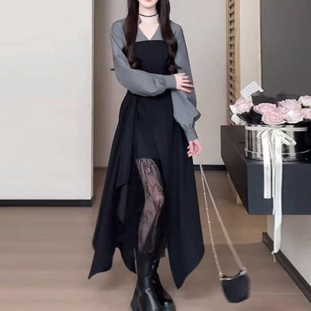 YF6914# 图片色假两件赫本风长袖V领系腰开叉蕾丝拼接飘逸气质春装连衣裙