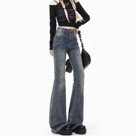 YF6913# 图片色韩版小众复古微喇叭坠地感铆钉个性不对称口袋拼接牛仔裤