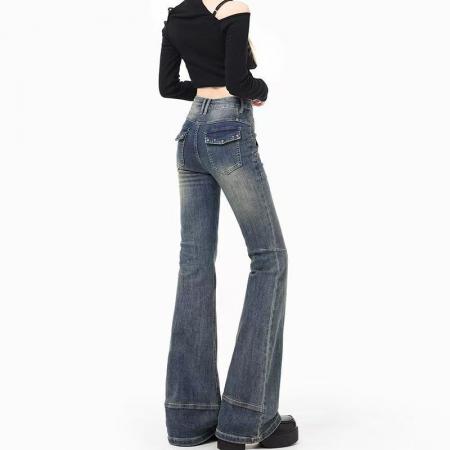 YF6913# 图片色韩版小众复古微喇叭坠地感铆钉个性不对称口袋拼接牛仔裤