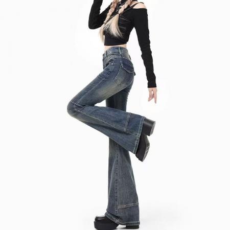 YF6913# 图片色韩版小众复古微喇叭坠地感铆钉个性不对称口袋拼接牛仔裤