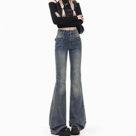 YF6913# 图片色韩版小众复古微喇叭坠地感铆钉个性不对称口袋拼接牛仔裤