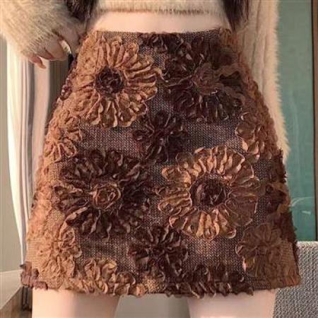 YF6912# 图片色秋冬太阳花提花设计A字防走光衬暗拉链复古咖色高腰显瘦短裙