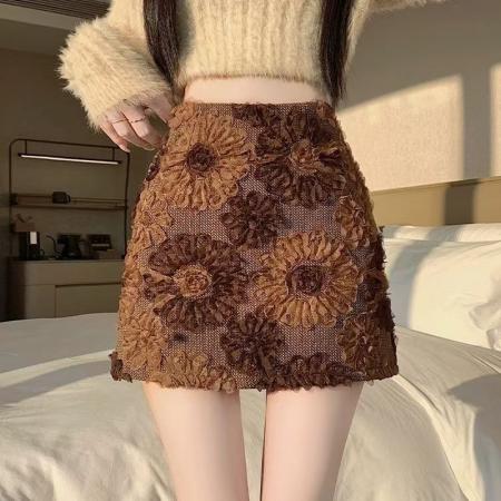 YF6912# 图片色秋冬太阳花提花设计A字防走光衬暗拉链复古咖色高腰显瘦短裙