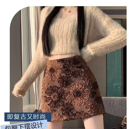 YF6912# 图片色秋冬太阳花提花设计A字防走光衬暗拉链复古咖色高腰显瘦短裙