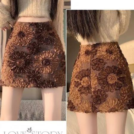 YF6912# 图片色秋冬太阳花提花设计A字防走光衬暗拉链复古咖色高腰显瘦短裙