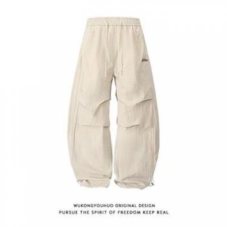 YF6911# (2色入内）港式时尚字母刺绣松紧腰抽绳设计阔腿休闲慵懒风工装长裤