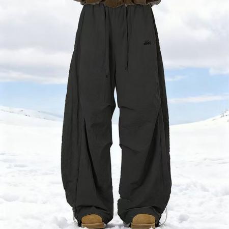 YF6911# (2色入内）港式时尚字母刺绣松紧腰抽绳设计阔腿休闲慵懒风工装长裤