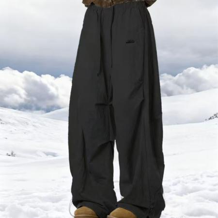 YF6911# (2色入内）港式时尚字母刺绣松紧腰抽绳设计阔腿休闲慵懒风工装长裤