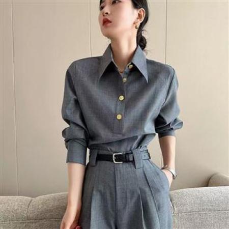 YF6910# 图片色老钱风肌理纹长袖翻领系扣不规则裁剪设计春秋新款衬衣
