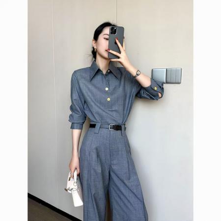 YF6910# 图片色老钱风肌理纹长袖翻领系扣不规则裁剪设计春秋新款衬衣