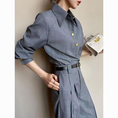 YF6910# 图片色老钱风肌理纹长袖翻领系扣不规则裁剪设计春秋新款衬衣