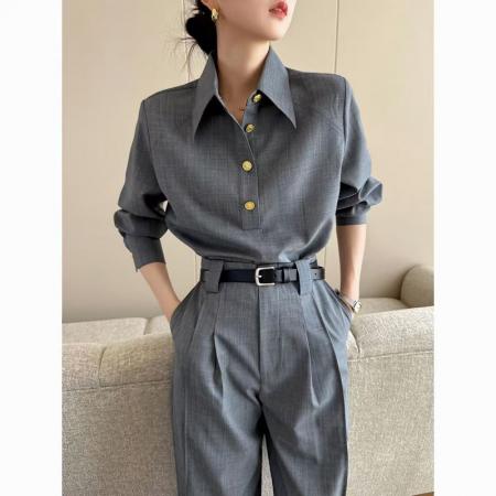 YF6910# 图片色老钱风肌理纹长袖翻领系扣不规则裁剪设计春秋新款衬衣