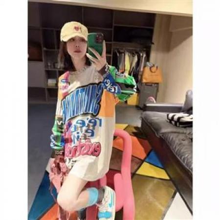YF6908－图片色时尚大码字母个性涂鸦圆领长袖胖MM显瘦街头哈伦风上衣潮T