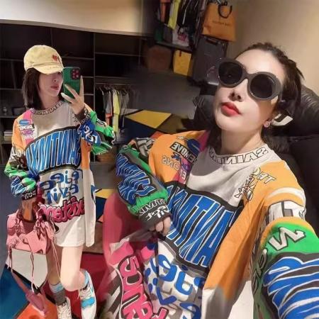 YF6908－图片色时尚大码字母个性涂鸦圆领长袖胖MM显瘦街头哈伦风上衣潮T