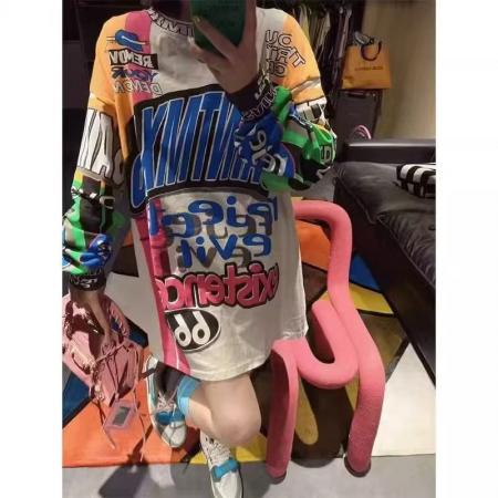 YF6908－图片色时尚大码字母个性涂鸦圆领长袖胖MM显瘦街头哈伦风上衣潮T