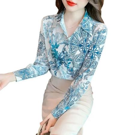 YF6923# 图片色春装新款长袖翻领系扣藏青图腾印花碎花宽松大码上衣