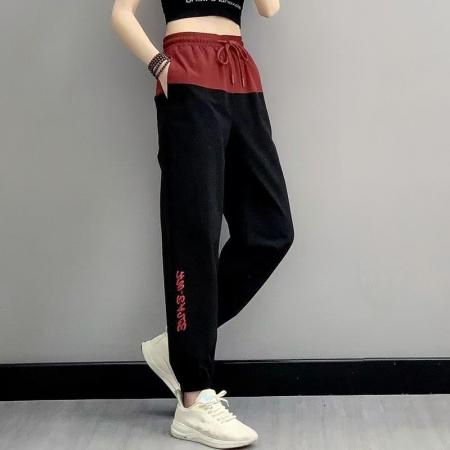 YF6922# (2色入内）韩版时尚松紧腰绑绳束腿字母印花二色拼接运动休闲裤