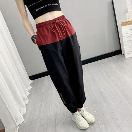 YF6922# (2色入内）韩版时尚松紧腰绑绳束腿字母印花二色拼接运动休闲裤
