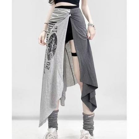 YF6921# 图片色辣妹时尚扭扣字母印花低腰开叉中长工款A字撞色拼接半身裙