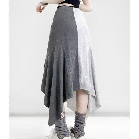 YF6921# 图片色辣妹时尚扭扣字母印花低腰开叉中长工款A字撞色拼接半身裙