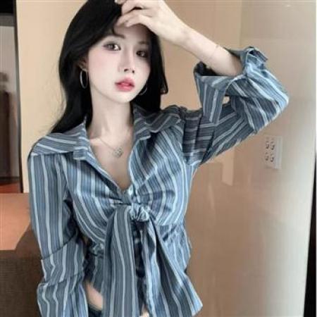 YF6920# (2色入内)甜美时尚POLO领长袖系蝴蝶结弧边修身短装显高别致个性衬衣